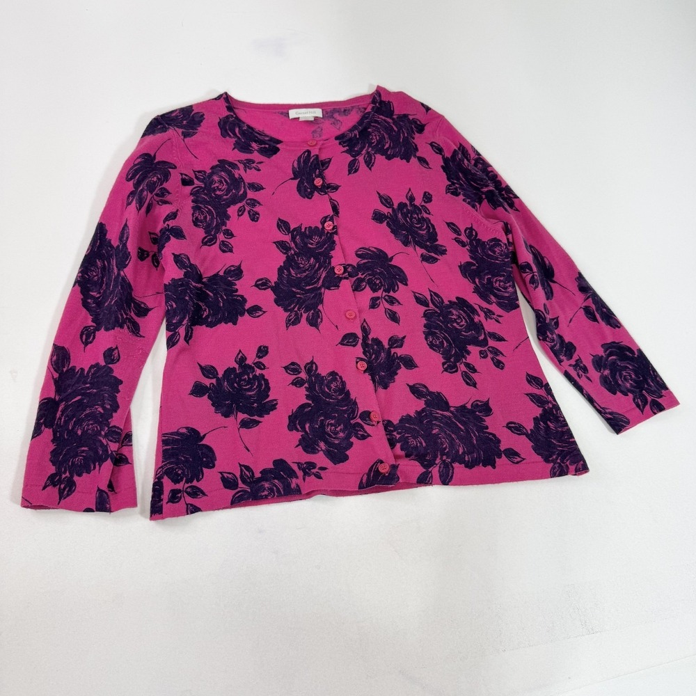 Garnet Hill Sweater Womens XL Pink Floral Merino Wool‎ Cardigan Button Front